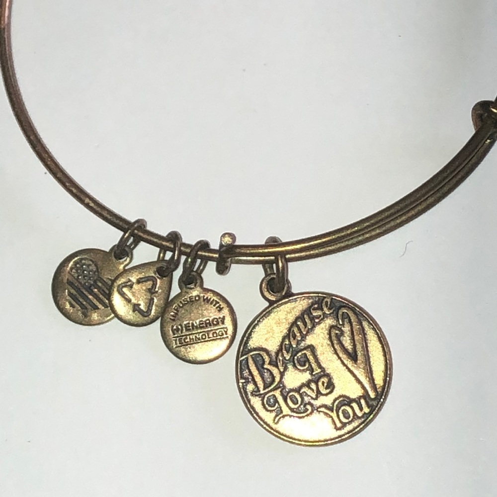 Alex and Ani Aged Gold Tone Charm Bangle Bracelet "Because I Love You"